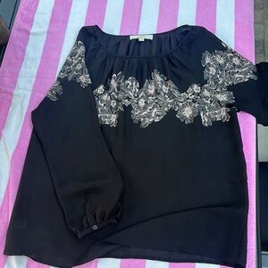 LOFT Black Gray Cuffed Sleeve Embellished Blouse